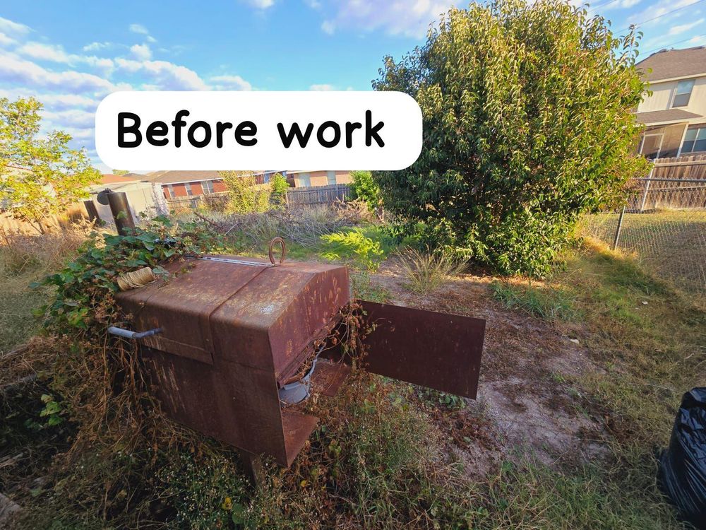 Before: overgrown backyard with rusted-out smoker/BBQ pit